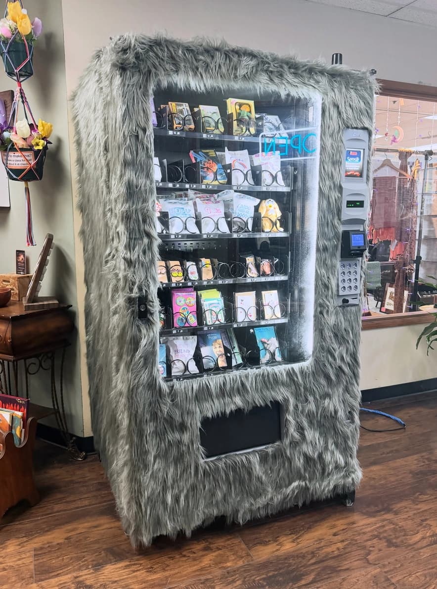 Nutty Narrows Two vending machine covered in gray faux fur inside the Merk in Longview, WA